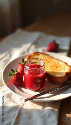 Still life featuring a soft jar of strawberry jam beside a golden-brown slice of brioche toast, with a butter knife resting on the plate. Pale linen cloth beneath, softly wrinkled for texture,