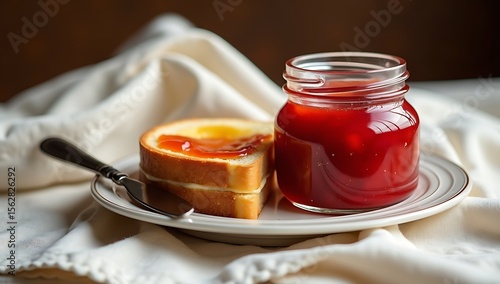 Still life featuring a soft jar of strawberry jam beside a golden-brown slice of brioche toast, with a butter knife resting on the plate. Pale linen cloth beneath, softly wrinkled for texture,