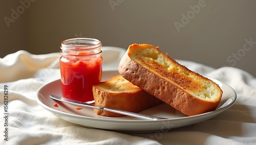Still life featuring a soft jar of strawberry jam beside a golden-brown slice of brioche toast, with a butter knife resting on the plate. Pale linen cloth beneath, softly wrinkled for texture,