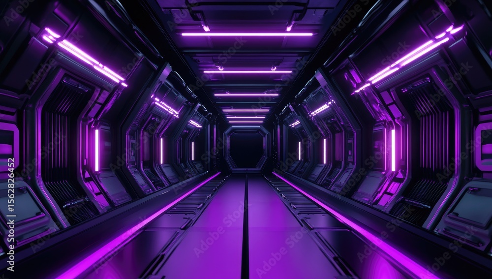 Obraz premium Futuristic corridor bathed in vibrant purple neon light. Dark, metallic walls with intricate paneling. Perspective extends into a distant, dark central area
