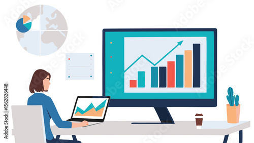 Woman analyzing data on computer with charts and graphs in office setting with coffee and plant on desk