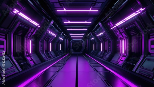Fototapeta Naklejka Na Ścianę i Meble -  Futuristic corridor bathed in vibrant purple neon light.  Dark, metallic walls with intricate paneling.  Perspective extends into a distant, dark central area