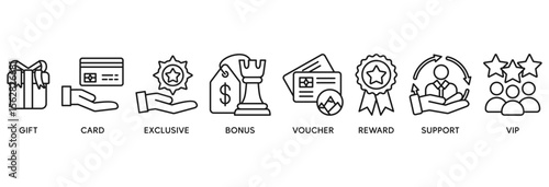Loyalty program icon set vector illustration concept relate to gift, card, exclusive, bonus, voucher, reward, support, vip
