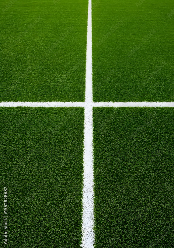 Obraz premium a well-maintained green grass field with a thick white line running horizontally across the center. wallpaper, Thick horizontal white painted line is running across green grass turf in flat vector