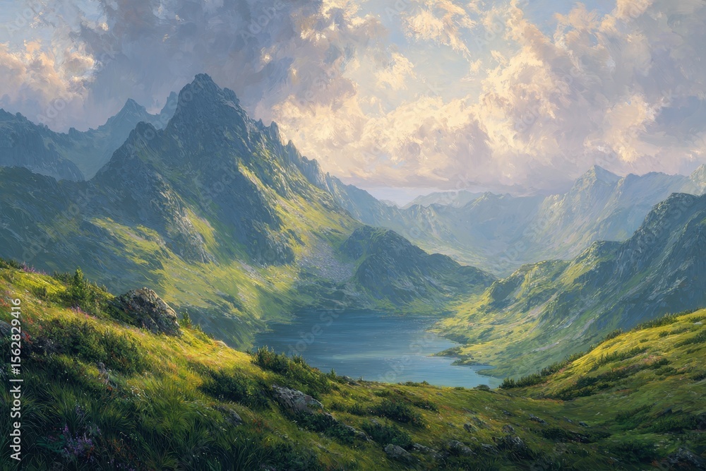 Naklejka premium Sunlit alpine lake nestled in a verdant valley, surrounded by majestic, shadowed mountains under a dramatic sky
