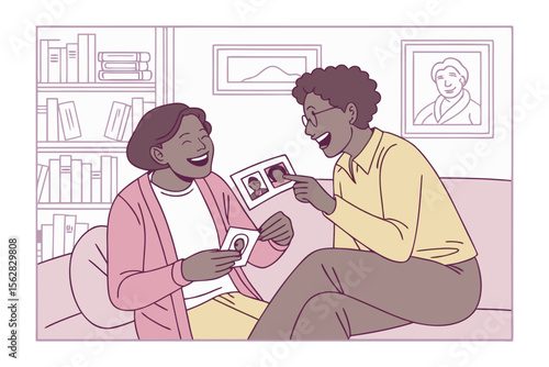 Family Album Memory: A heartwarming scene unfolds as two women share laughter and memories while looking at old photographs, illustrating a bond of affection and shared history.