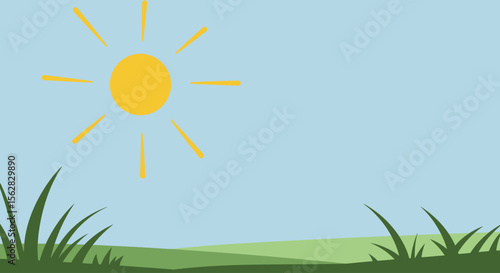 Minimalist Vector Illustration of Grass and Sun with Clear Blue Sky – Nature Background Design Element