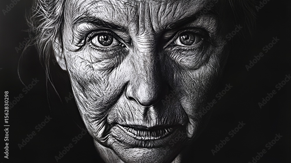 Close-up of an elderly woman with deep-set wrinkles and expressive eyes. Close-up of an elderly woman with deep-set wrinkles and expressive eyes.