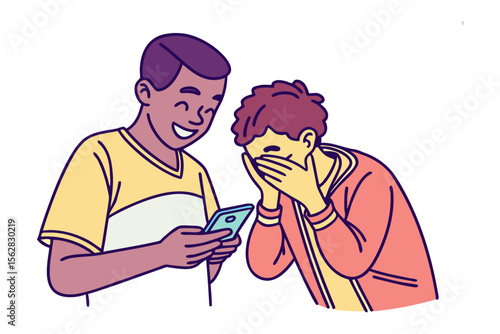 Shared Laughter: Two boys share a moment of mirth, their faces lit with genuine joy, captivated by the content on a smartphone.