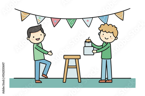Celebration of Friendship: Two young individuals share a joyful moment, one presenting a celebratory cake to a friend under festive decorations.