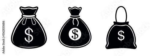 Minimal Black Silhouette Money Bag Icon with Dollar Symbol Vector Style Design