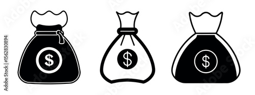 Minimal Black Silhouette Money Bag Icon with Dollar Symbol Vector Style Design