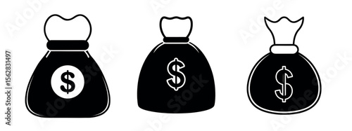 Minimal Black Silhouette Money Bag Icon with Dollar Symbol Vector Style Design