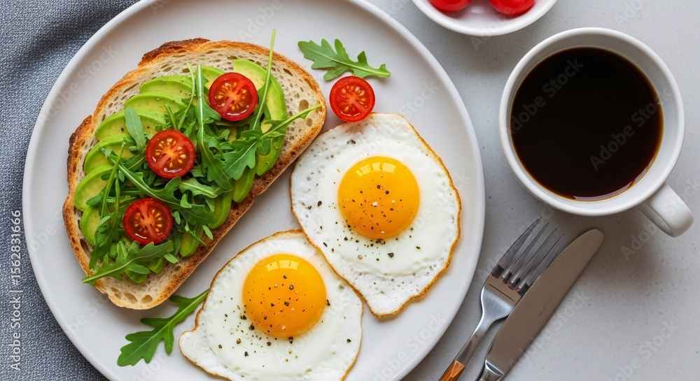 avocado toast with eggs and coffee healthy breakfast
avocado toast with eggs and coffee healthy breakfast
