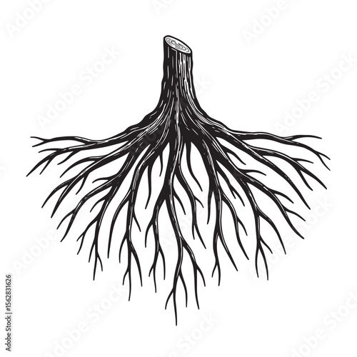 Artistic black and white vector illustration of a tree stump and expansive root system ornament set