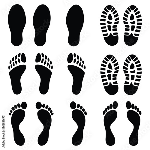 Footprint variations show human feet, shoe prints, and barefoot prints offering track vector silhouettes of the soles of feet
