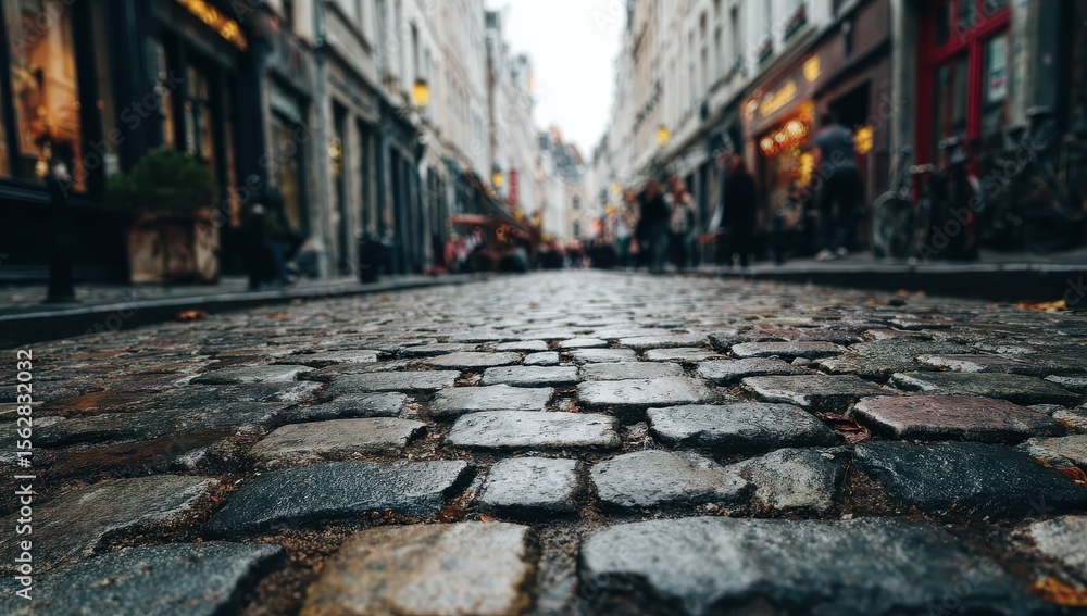 Fototapeta premium Cobblestone street, low angle, shallow depth of field, showcasing a bustling, European-style street scene with shops and pedestrians