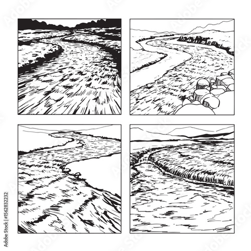 Black and white river set illustration flowing through scenic landscapes ornament