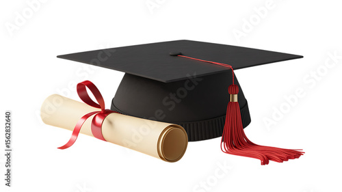 Photo of a black graduation cap and a rolled diploma tied with a red ribbon isolated on transparent background