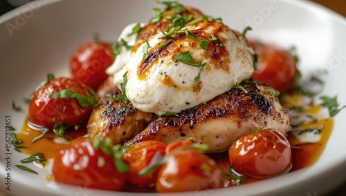 Grilled chicken breast topped with creamy burrata and cherry tomatoes