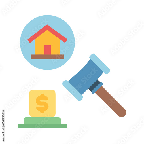 Auction gavel with house and money on black background