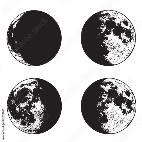 Celestial ornament set depicting the moon phases in black and white vector illustration