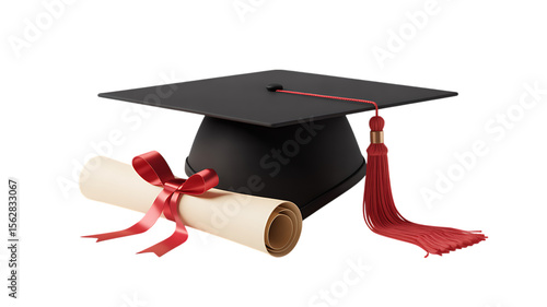Photo of a black graduation cap and a rolled diploma tied with a red ribbon isolated on transparent background