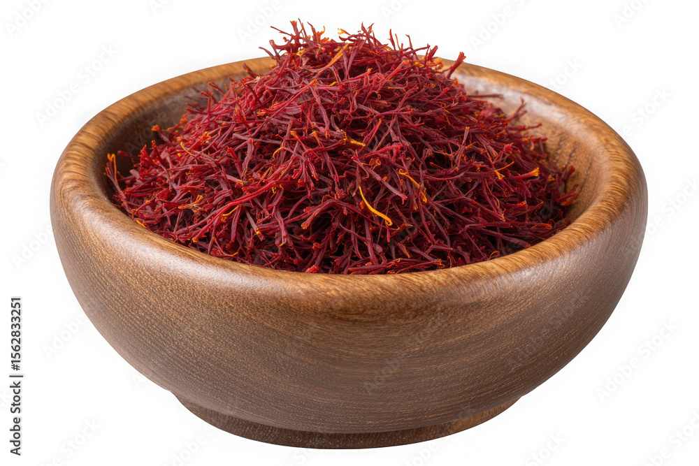 Fototapeta premium A wooden bowl filled with dried red saffron threads and stigmas isolated on transparent background
