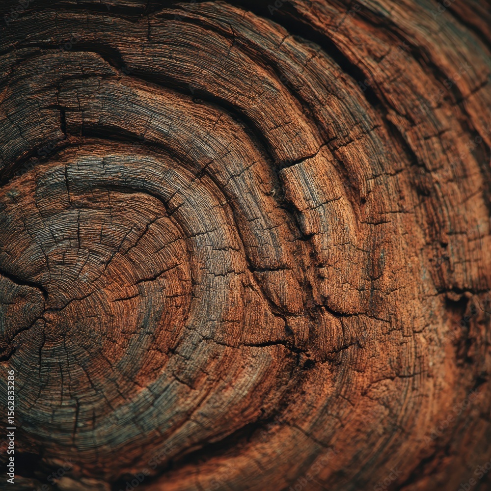 Naklejka premium Close-up of a weathered, dark wood cross-section revealing concentric rings, cracks, and variations in color, predominantly reddish-brown and grayish-blue hues