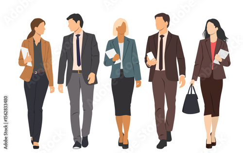  Set of young men and women, different colors, cartoon character, group silhouettes of walking business people, front view, design concept, flat icon, isolated on white background