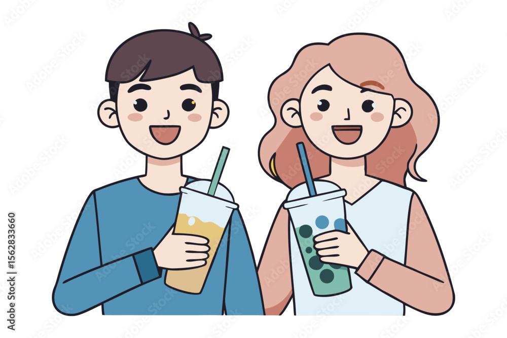 Refreshing Beverage: A charming illustration captures the shared delight of two people, each holding a vibrant refreshing drink in hand. The scene evokes feelings of leisure, and refreshment Refreshing Beverage: A charming illustration captures the shared delight of two people, each holding a vibrant refreshing drink in hand. The scene evokes feelings of leisure, and refreshment