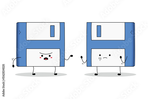 Cute floppy disk cartoon character arguing doodle