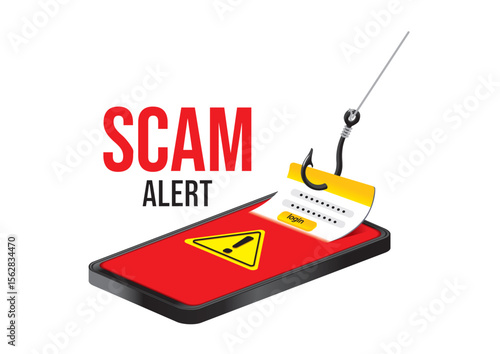 Illustration of smartphone displaying a scam alert with phishing hook and login field, featuring a warning symbol. Cybersecurity concept