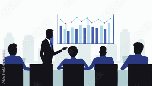 Business presentation with bar graph and line chart given to a group of people in a conference room