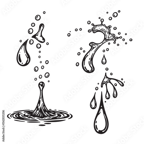 Hand drawn ink water drops and splashes ornament set for design