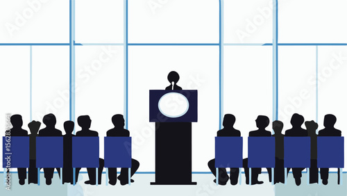 Silhouette of a speaker at a podium addressing an audience in front of a large window background scene