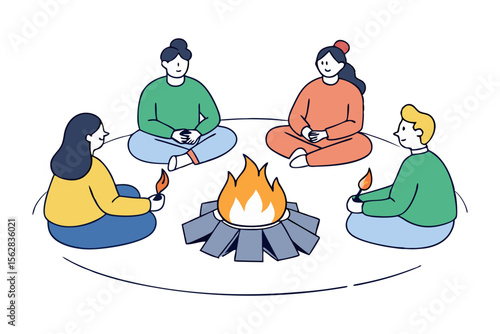 Campfire Gathering Illustration: A charming illustration captures a cozy scene of a diverse group of friends gathered around a crackling campfire, creating a sense of warmth and camaraderie. 