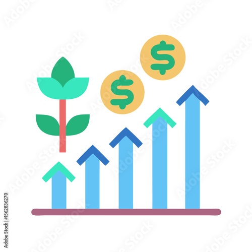 Stylized growth chart with plant and dollar coins illustration