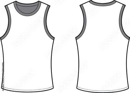 Front and back technical flat sketch vector illustration of men’s basic sleeveless tank top with contrast binding neckline armhole casual design