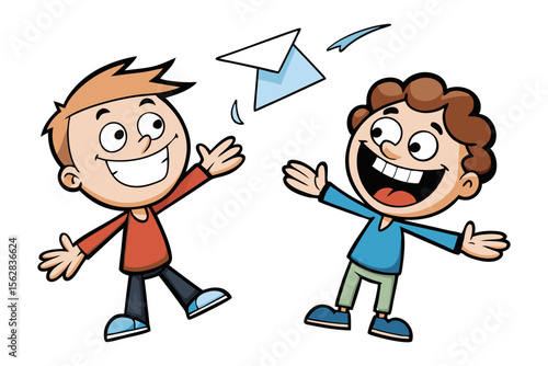 Shared Joy of a Letter: Two cartoon boys enthusiastically greet a floating letter, their expressions filled with pure joy, capturing the simple delights of friendship.