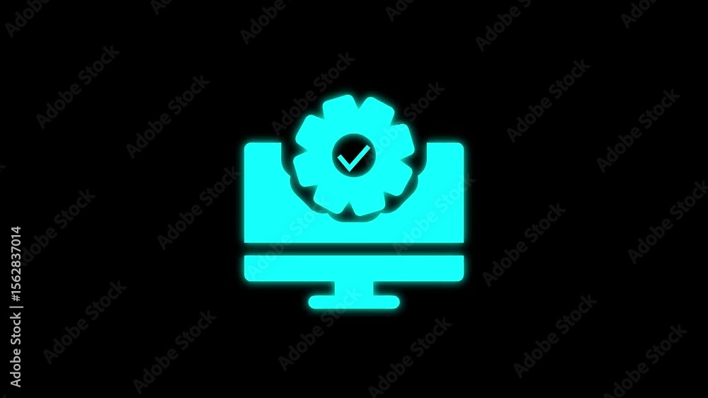 Computer screen icon with settings cogwheel and check mark on black background Computer screen icon with settings cogwheel and check mark on black background