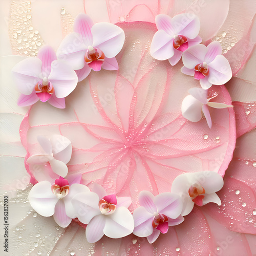 A delicate arrangement of pink and white orchids on a soft, textured background.