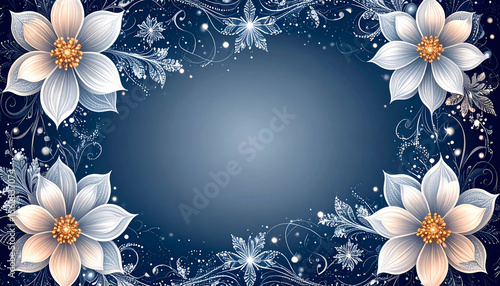 A decorative floral design with white flowers and a dark blue background.
