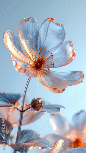 A delicate flower with translucent petals and a soft glow against a light background.