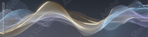 Abstract light waves with golden and blue hues flowing across a dark gray background creating depth