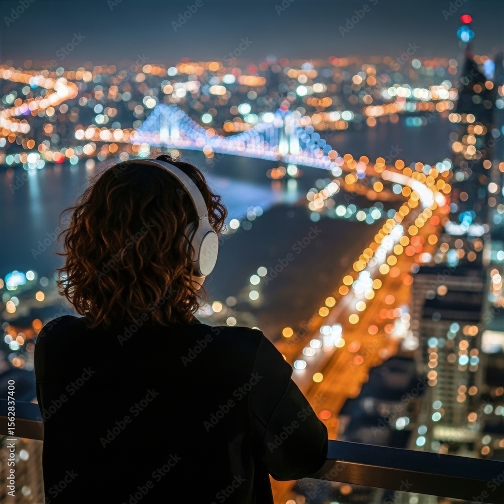 Fototapeta premium Nighttime City View with Person Wearing Headphones on Rooftop