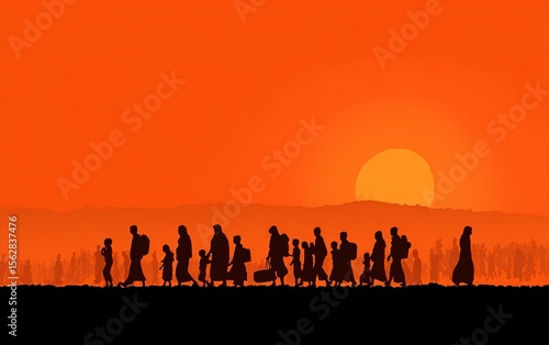 Silhouetted refugee families symbolize global displacement this World Refugee Day. High quality