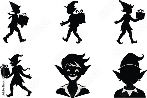 elf carrying present silhouette on white background

