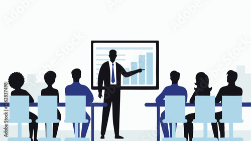 A business presentation with a presenter pointing to a bar graph and audience sitting at tables watching