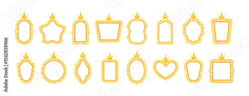 Princess mirrors and frames. Different shapes for invitation, postcards and flyers. Cute vintage element for birthday party decoration. Vector illustration in flat cartoon style.
